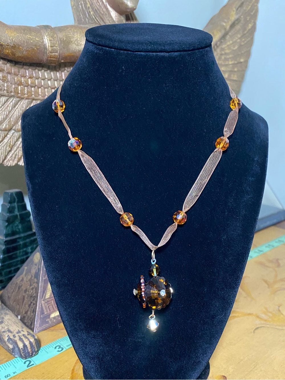 Vintage Handmade Amber Crystal Pendant Necklace - Women Jewelry